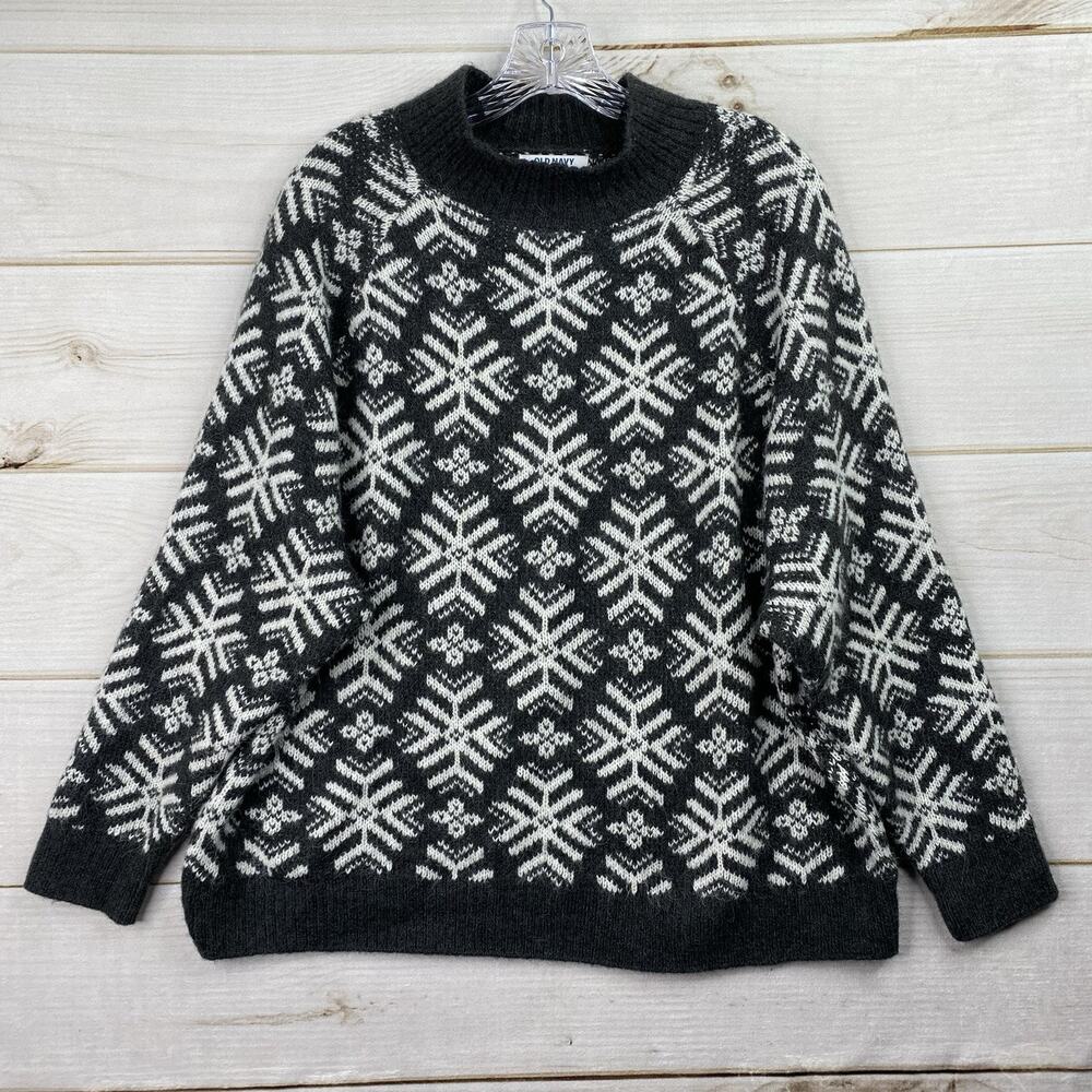 OLD NAVY Women's Sweater XXL Gray Nordic Snowflake Pattern Pullover Soft Fuzzy